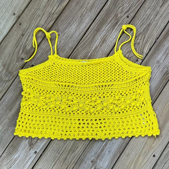 Zara Women's Bright Yellow Cropped Crochet Sweater Size L - Picture 1 of 7